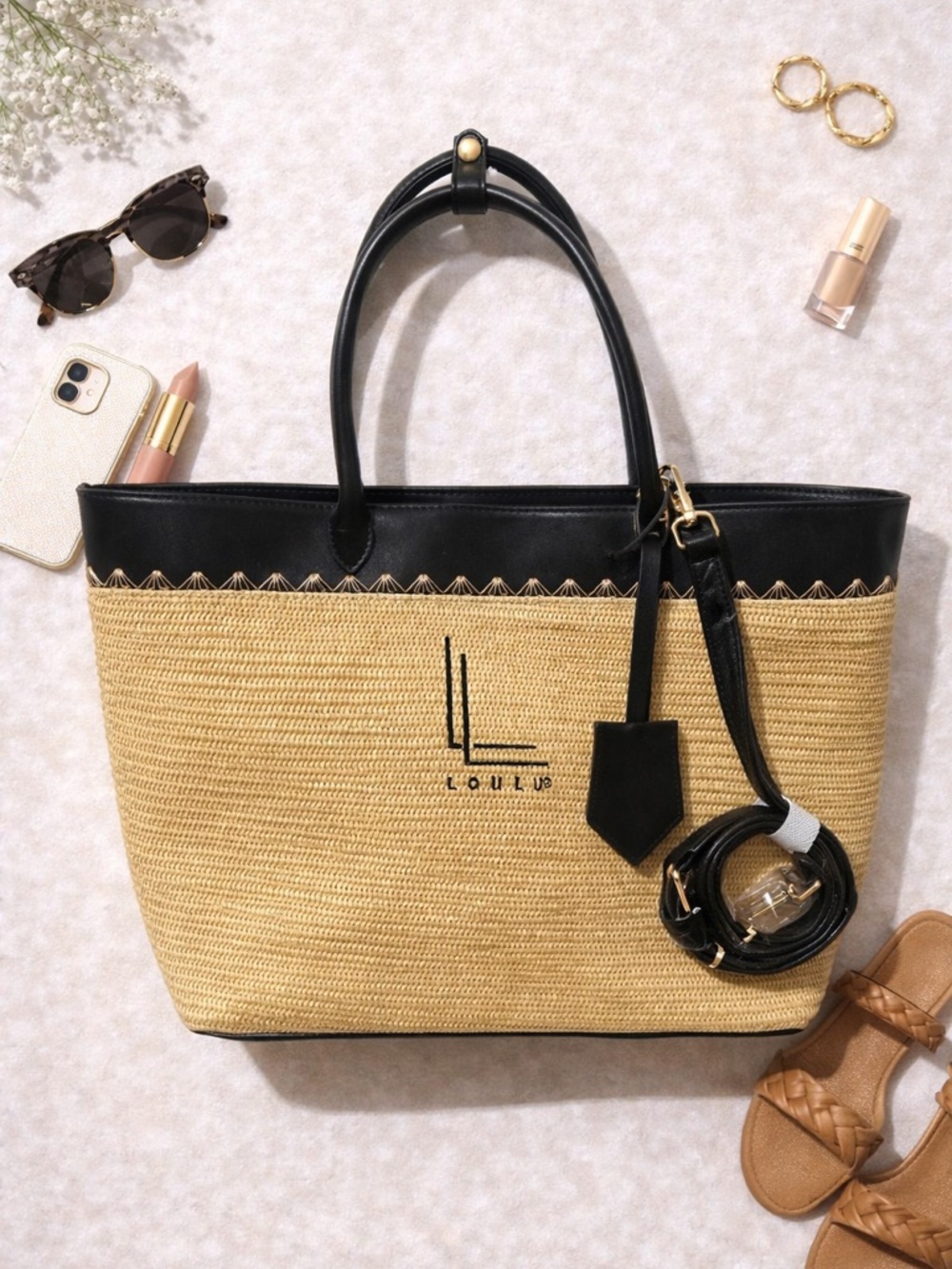 LOULU Black-Trim Straw Tote Bag